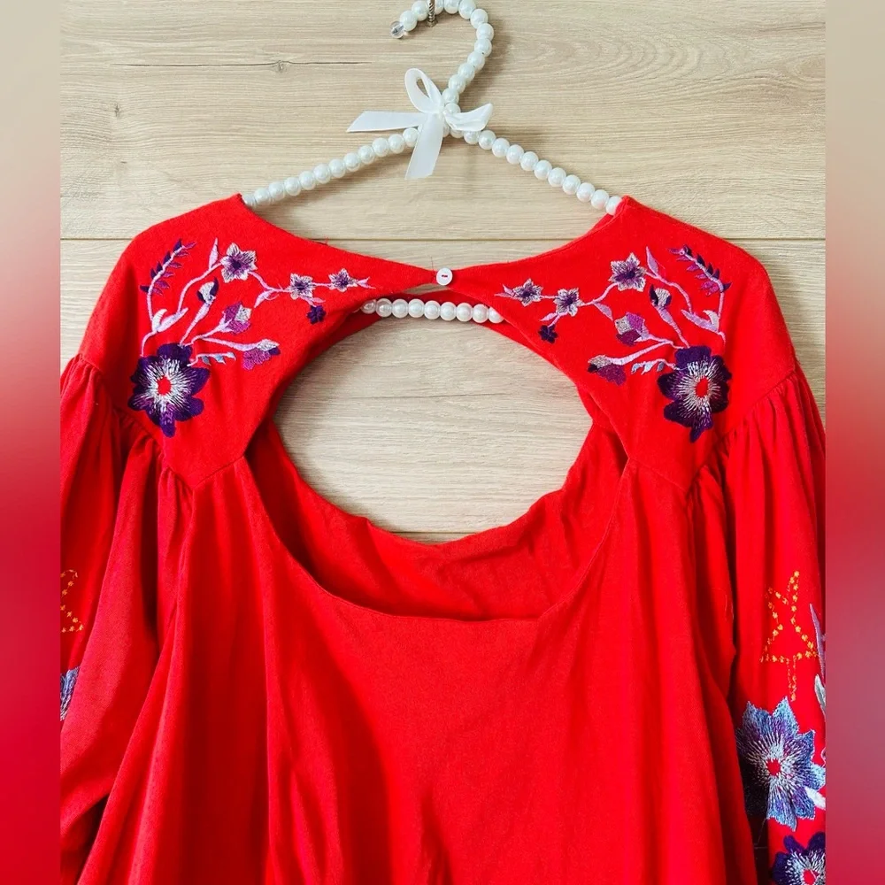 Free People Red Floral Embroidered Blouse